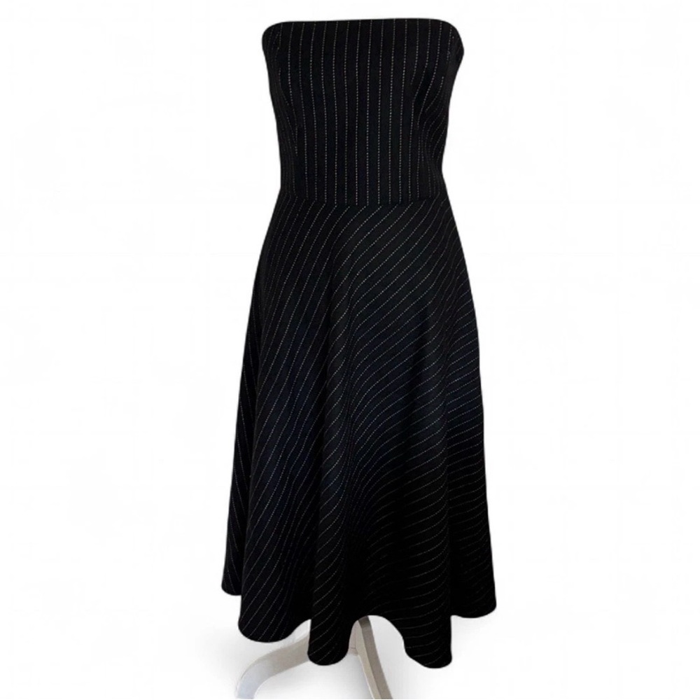 Banana Republic Pinstriped 100% Wool Fit & Flare Strapless Black White Dress 10